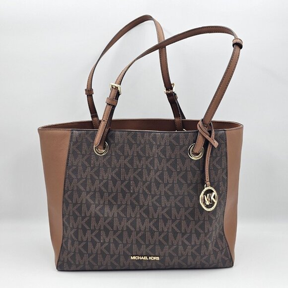 Michael Kors Walsh MK Logo Handbag Tote Purse Brown Tan Gold MSRP $278 - Picture 1 of 16